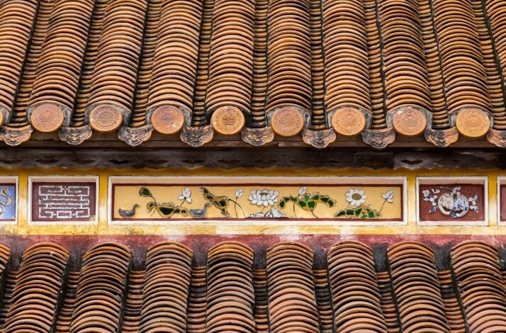 Close up at the roof tiles of the Imperial Citadel of Hue Vietnam.
