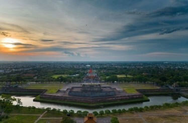 Birds-eye-view at the Imperial Citadel of Hue Vietnam in the afternoon.