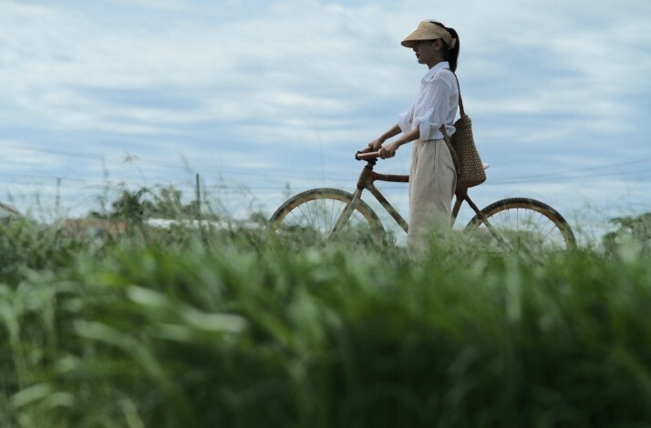 Outdoor scene with a vintage bicycle amidst tall green grass under cloudy skies