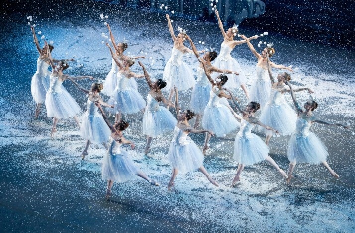 Ballet dancers dressed as snowflakes performing a synchronized routine in falling snow.