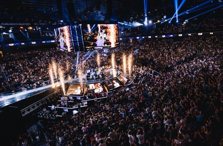 Top view of the crowd and stage at a VALORANT Champions tournament.