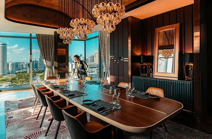 Private dining room at VUE restaurant with city skyline views.