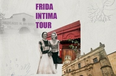 Promotional poster for the Frida Kahlo tour in Mexico City, featuring a photo of Frida Kahlo and iconic landmarks in the background.
