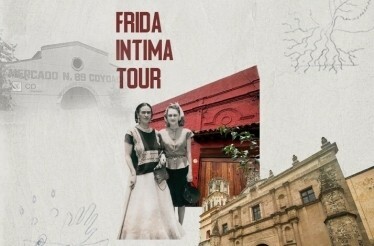 Promotional poster for the Frida Kahlo tour in Mexico City, featuring a photo of Frida Kahlo and iconic landmarks in the background.