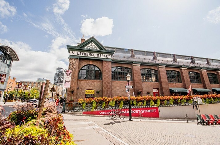 The exterior of the St. Lawrence Market, a historic brick building in Toronto