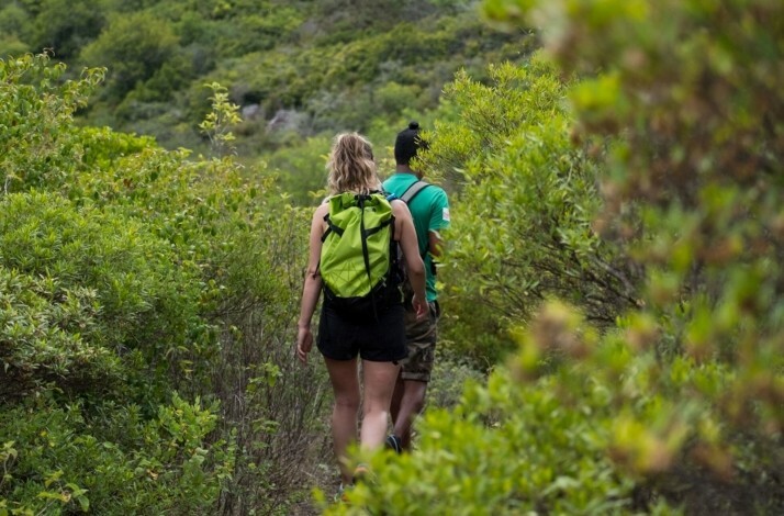 Two people with backpacks going on a hike up Le Morne Brabant.