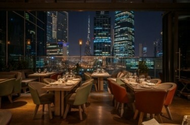 Tables with a view of the night city from CLAP Dubai.