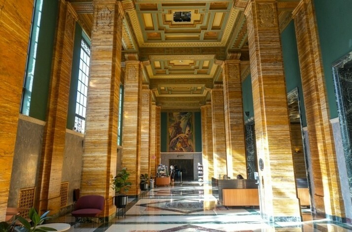 Art Deco lobby with marble columns, a highlight of the LA architecture tour.