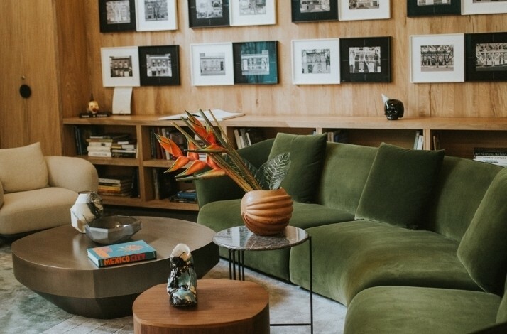 Interior lounge area of the Colima 71 Casa de Arte Hotel in Mexico City. 