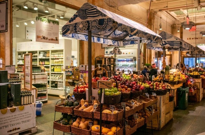 The interior of Eataly Flatiron New York, a large Italian marketplace and restaurant complex.