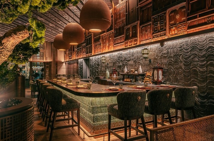 Interior of HANU, a contemporary Korean restaurant located at the St. Regis Gardens on Palm Jumeirah, Dubai.