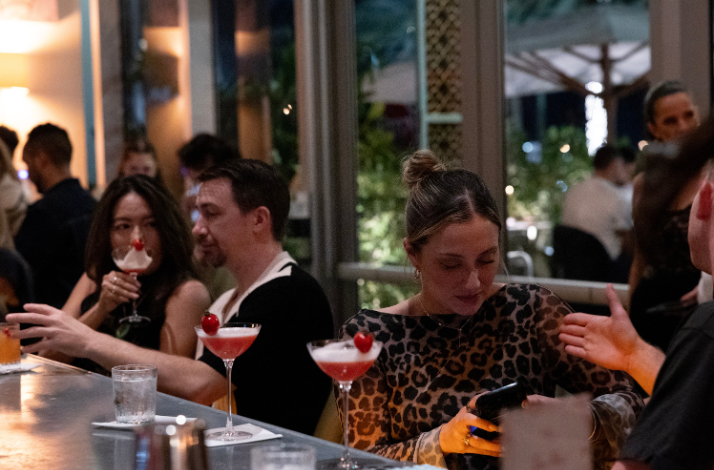 People sitting at a bar with cocktails.