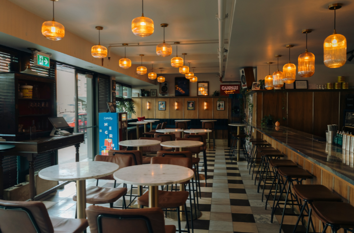 Dining area and bar at Accademia Dante in New York.