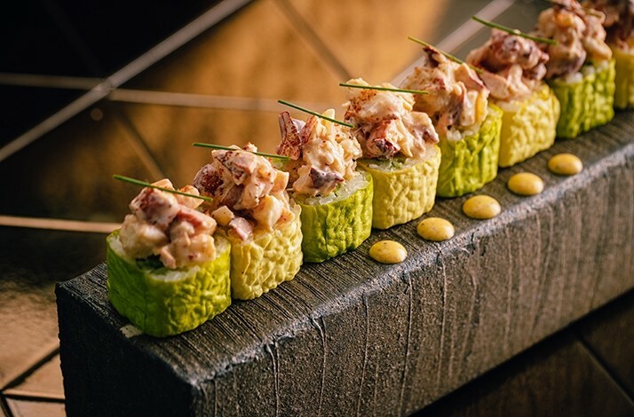 A close-up of sushi rolls served at Sushisamba Dubai restaurant, Dubai, UAE.