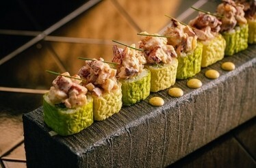 A close-up of sushi rolls served at Sushisamba Dubai restaurant, Dubai, UAE.