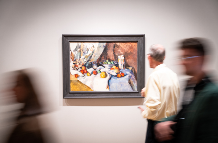 Visitor looking at framed still life artwork in the Museum of Modern Art.