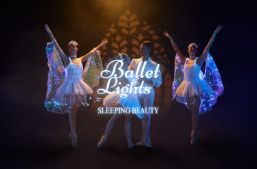 Four ballet dancers with overlay text 'Ballet of Lights. Sleeping Beauty'.
