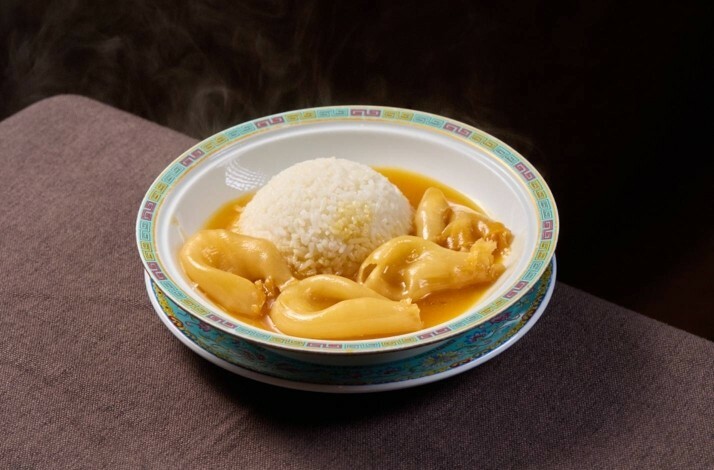 A steaming bowl of bird's nest congee with partridge and white rice in a rich golden broth.