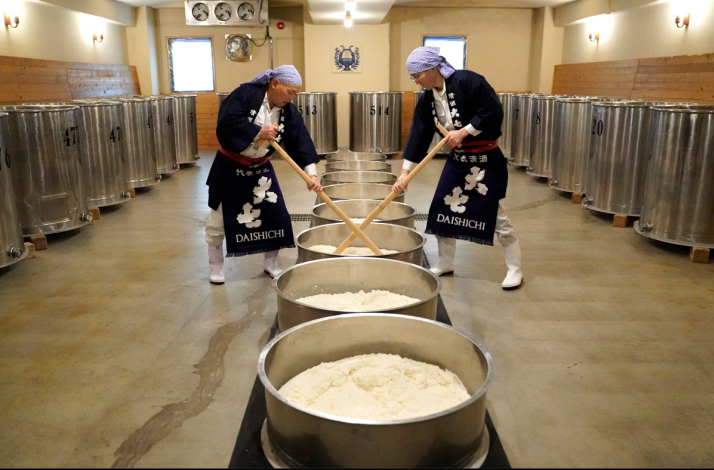 Traditional Daishichi sake brewing process at the Fukushima brewery using the kimoto method.