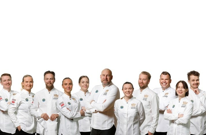 Clean team photo of the Swedish National Culinary Team against a white background.