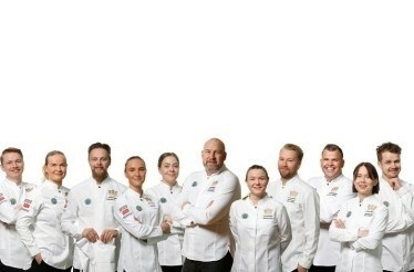 Clean team photo of the Swedish National Culinary Team against a white background.