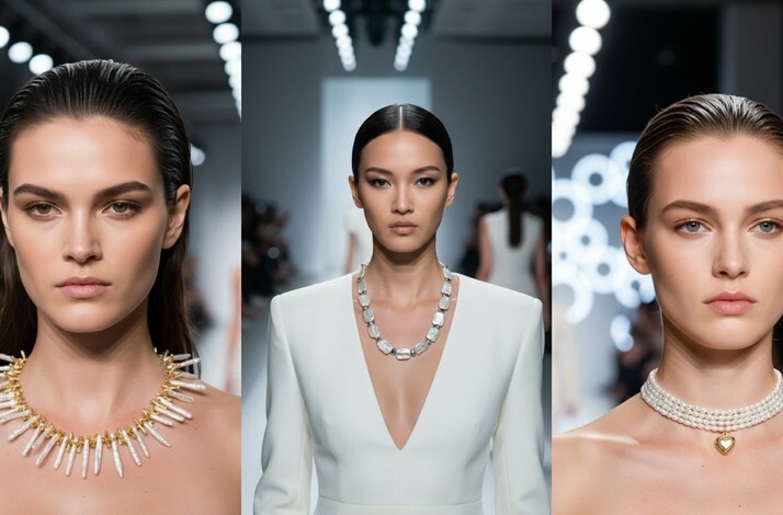 Three models showing necklaces designed by The Bulums on a runway.