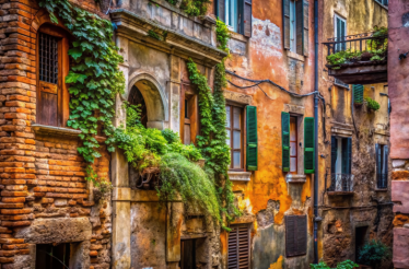 Ivy-draped, ochre-walled buildings with green shutters lining a sun-warmed Roman street in Trastevere, Rome.