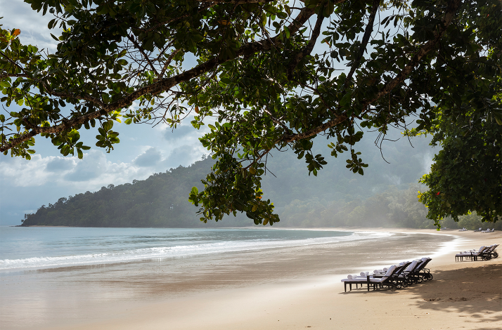 Beach loungers on the pristine white sand of Datai Bay, Langkawi, framed by overhanging tropical trees.