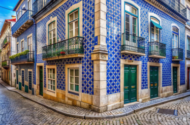 Building with blue azulejo tiles in Lisbon, Portugal.