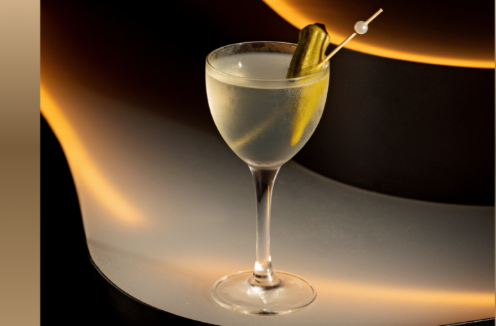 Chilled pale martini served in a coupe glass, garnished with a cornichon on a decorative pick, at Lucia LA.