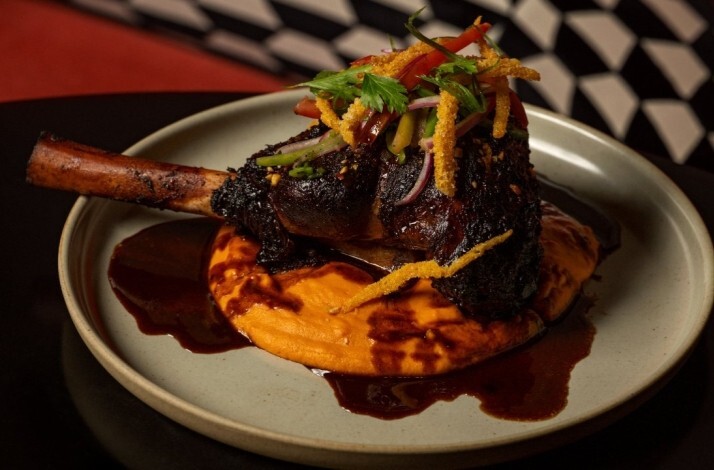 Braised bone-in lamb shank on sweet potato puree and dark mole, topped with herb salad at Lucia LA.