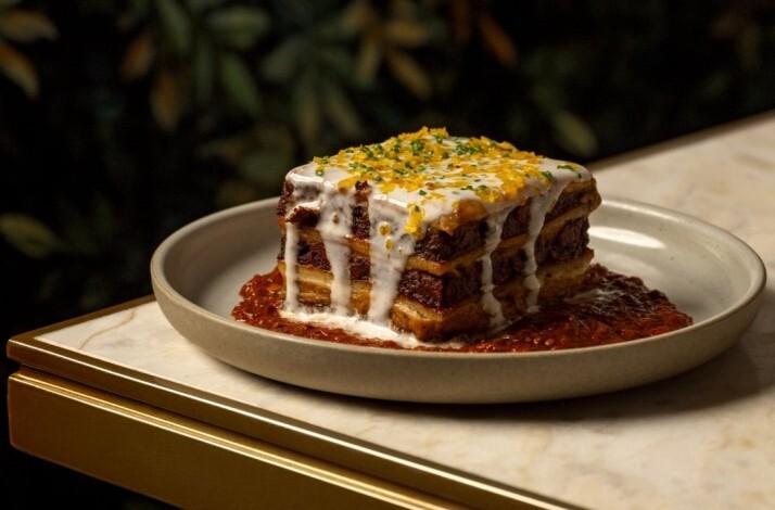Layered plantain and meat dish drizzled with crema, topped with citrus zest and chives at Lucia LA.