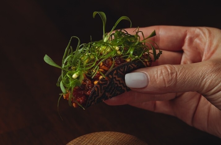 A modern, colorful taco/tostada creation.