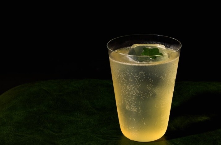 Drink at Firstborn: pale sparkling cocktail in a clear tumbler with an ice cube and green leaf garnish.