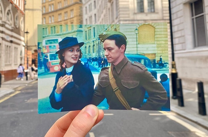 Keira Knightley and James McAvoy in Atonement aligned with a classic London street corner.