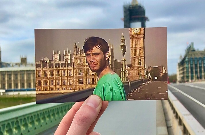 Cillian Murphy in 28 Days Later aligned with Westminster Bridge and Big Ben in the background.