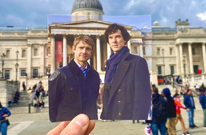 Sherlock Holmes and John Watson aligned with the National Gallery in Trafalgar Square.