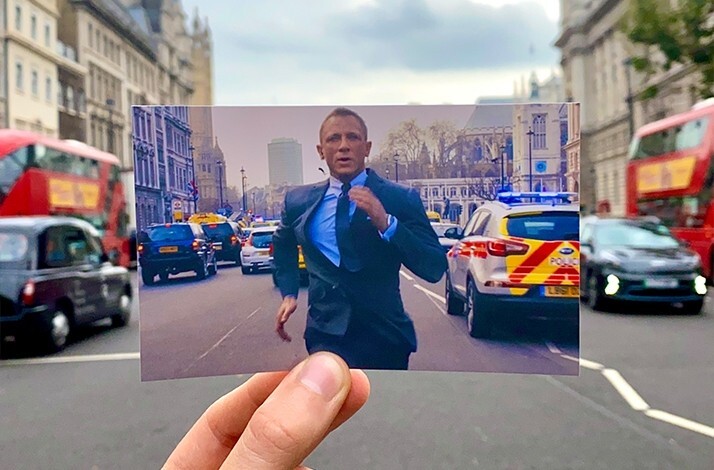 A snippet of James Bond in Skyfall aligned with a busy Whitehall street in London.