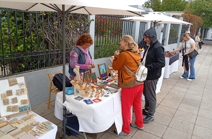 Local artisan market in Valparaíso featuring handcrafted artworks and souvenirs displayed at outdoor stalls.
