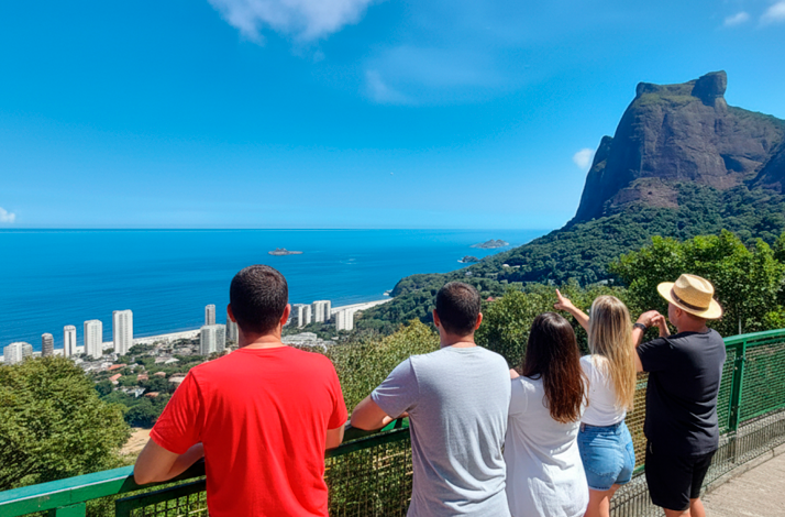 Group of visitors enjoying a viewpoint above Rio de Janeiro, with the ocean, coastal buildings, and a dramatic mountain peak in the background.