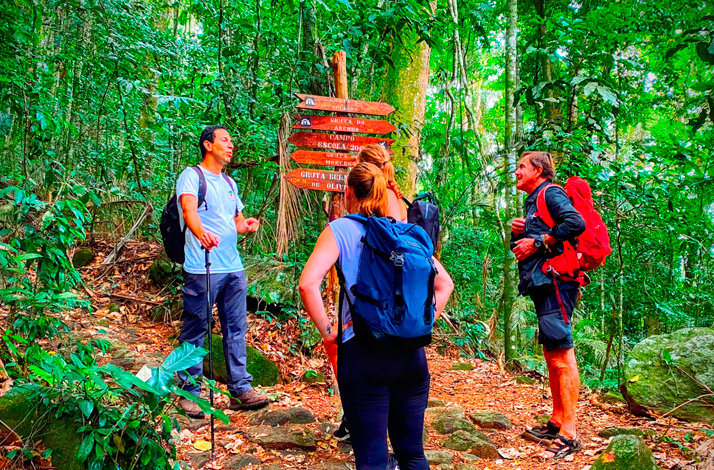Participants gather on a rainforest trail as a local guide provides directions beside a wooden signpost surrounded by dense Atlantic Forest vegetation.