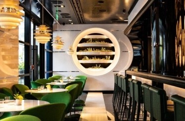 Le Jardinier Miami dining room with emerald green chairs, a lit circular herb wall feature, and a dark bar area.