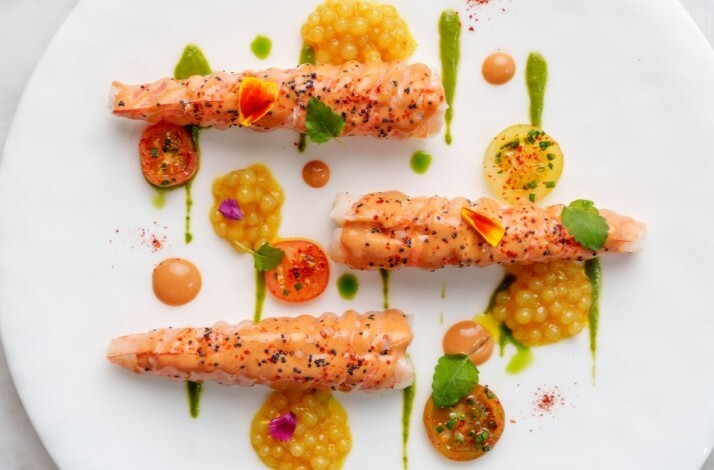 Trio of seafood rolls with herb purée, citrus gel, and sauce dots at Le Jardinier Houston.