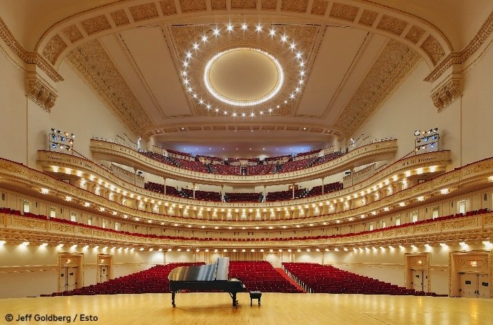 A piano on the stage of Carnegie Hall.  ©Jeff Goldberg / Esto.