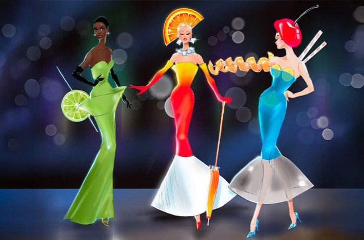 A graphic picture of three women in dresses representing lime, orange and cherry.