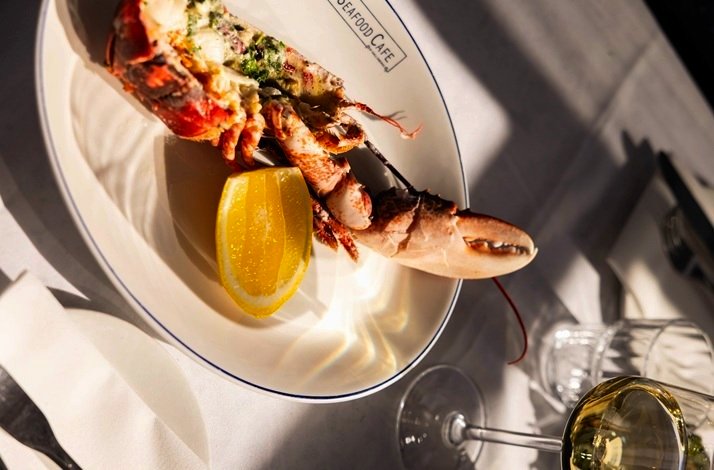 A gourmet seafood dish featuring a split, grilled lobster half garnished with herbs served at The Seafood Café.