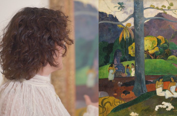 Close up of Paul Gauguin's Mata Mua art, discussed with Inés Carriedo.