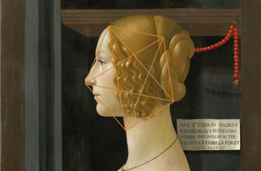 Ghirlandaio's portrait painting depicts a side profile of a woman with an overlaid geometric construction.