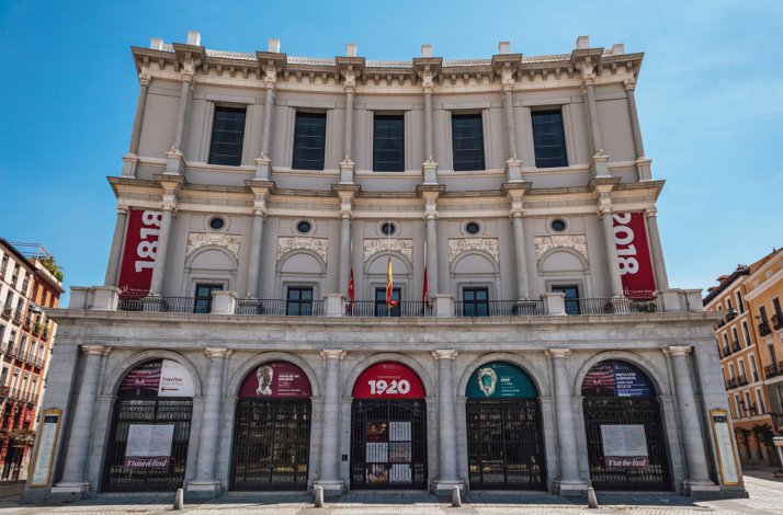 Main facade of the Teatro Real, a world-renowned opera house located in Madrid, Spain.