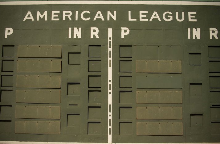 The historic manual scoreboard located on the Green Monster at Fenway Park, home of the Boston Red Sox.
